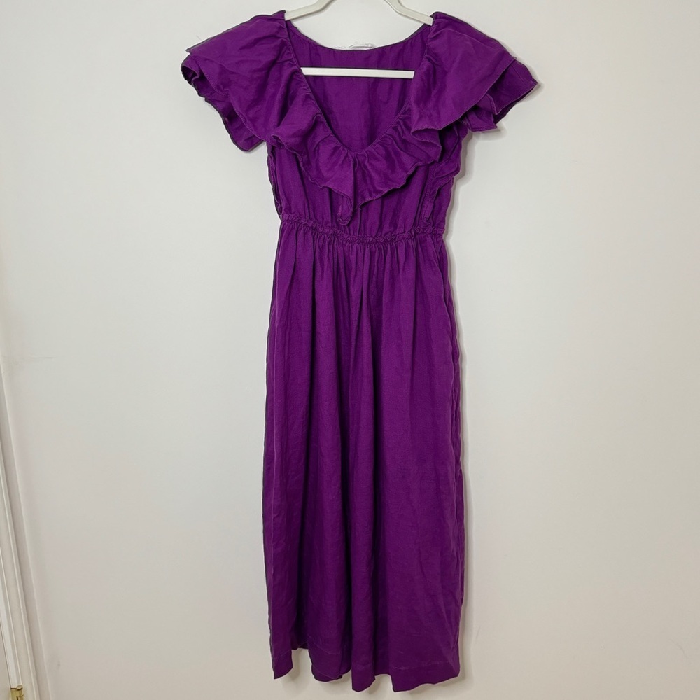 Trina Turk Out of Office Play Linen Dress Size Small Purple Ruffles Midi